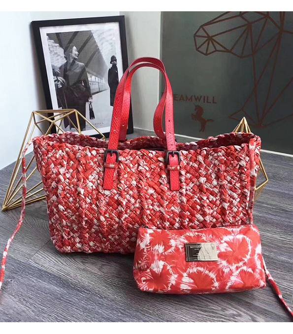 Bottega Veneta Red Original Weave Lambskin Leather Tote Shopping Bag