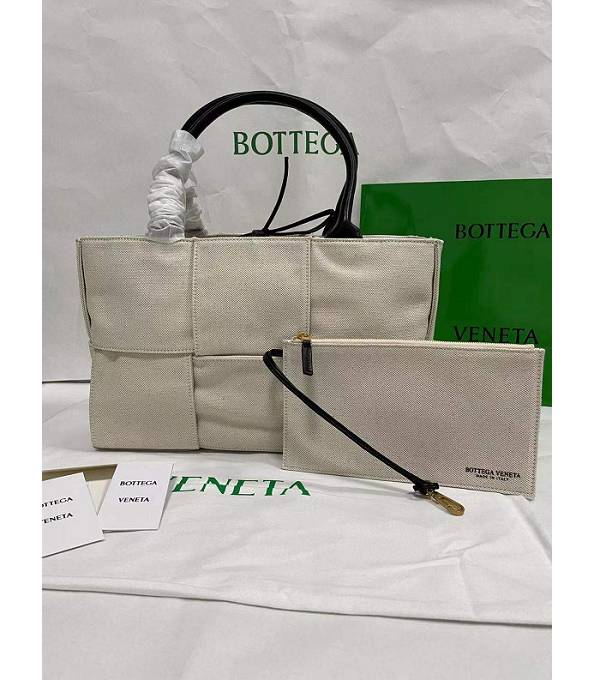 Bottega Veneta White Original Linen Black Handle Arco 35cm Tote Bag