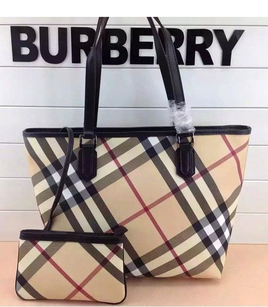 Burberry 1529 Check Canvas With Chocolate Color Leather Tote Bag