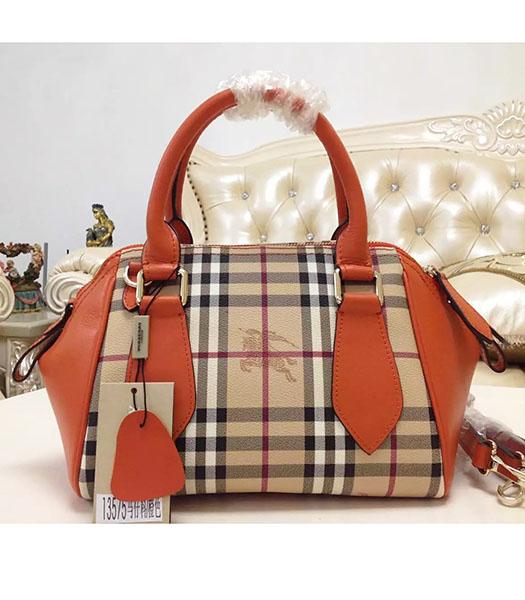 Burberry 28cm Check Canvas With Orange Calfskin Leather Tote Bag