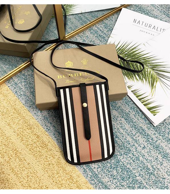 Burberry Apricot Stripe E-Canvas With Black Original Leather Phone Case With Strap