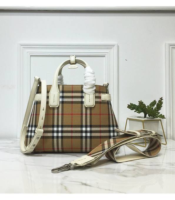 Burberry Banner Vintage Check Canvas With White Original Leather Small Tote Bag