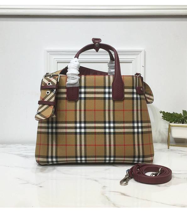Burberry Banner Vintage Check Canvas With Wine Red Original Leather Medium Tote Bag