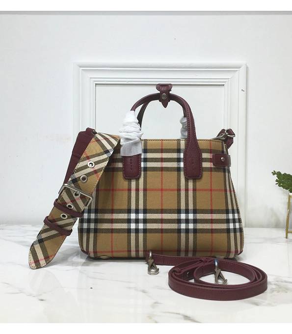 Burberry Banner Vintage Check Canvas With Wine Red Original Leather Small Tote Bag
