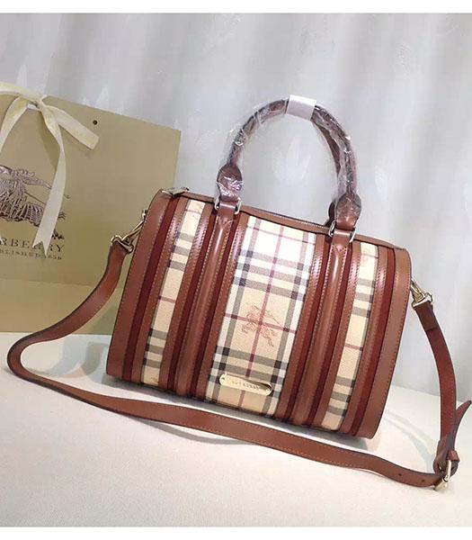 Burberry Check Canvas With Coffee Leather Classic Boston Tote Bag
