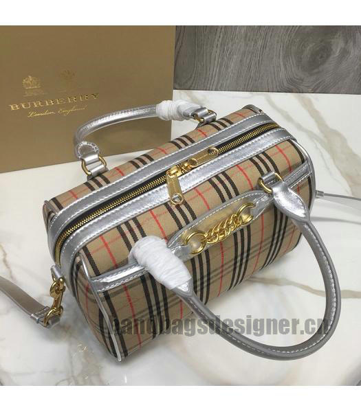 Burberry Check Canvas With Original Leather Small Tote Bag Silver-3