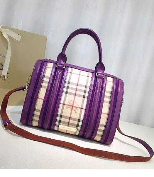 Burberry Check Canvas With Purple Leather Classic Boston Tote Bag
