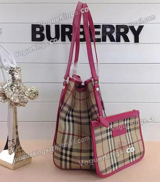 Burberry Check Canvas With Rose Red Leather Small Tote Bag-2