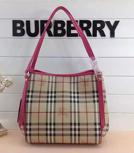 Burberry Check Canvas With Rose Red Leather Small Tote Bag