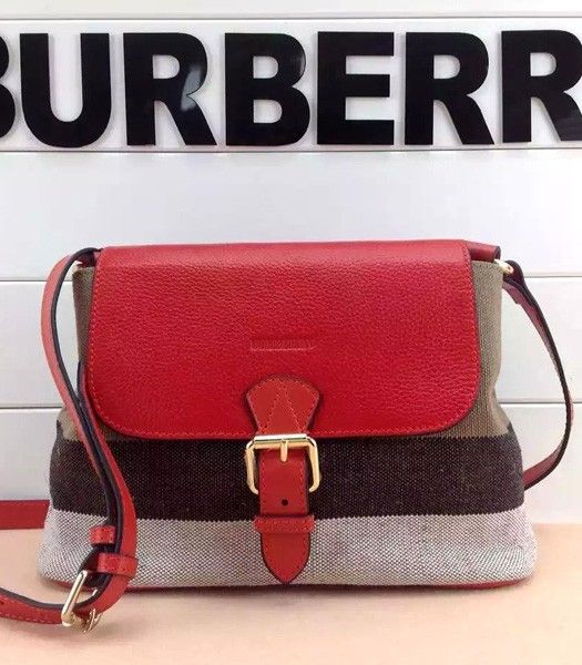 Burberry Check Linen With Leather Flap Shoulder Bag Red