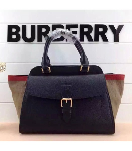Burberry Check New Style Linen With Leather Tote Bag Black