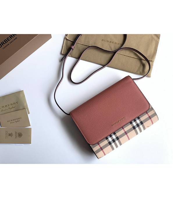 Burberry Haymarket Vintage Check With Watermelon Red Original Leather Small Shoulder Bag-1