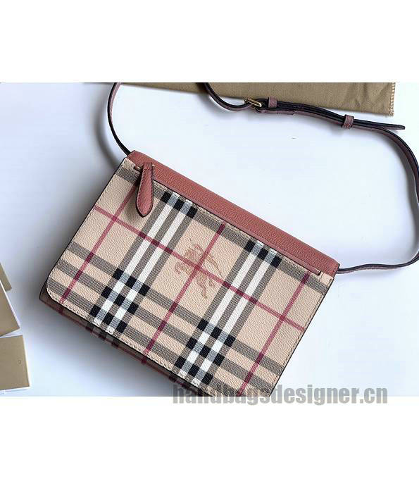 Burberry Haymarket Vintage Check With Watermelon Red Original Leather Small Shoulder Bag-2