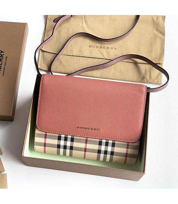 Burberry Haymarket Vintage Check With Watermelon Red Original Leather Small Shoulder Bag