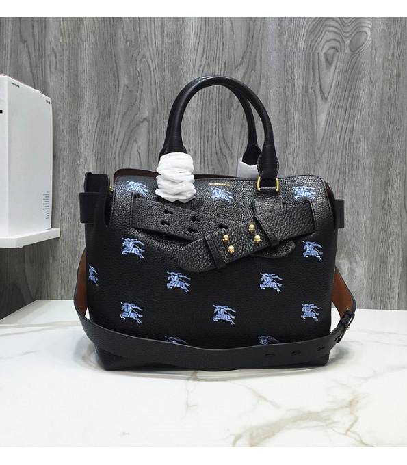 Burberry Horse Embroidery Black Original Litchi Veins Leather Small Belt Tote Bag