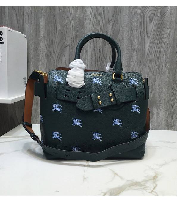 Burberry Horse Embroidery Dark Green Original Litchi Veins Leather Small Belt Tote Bag