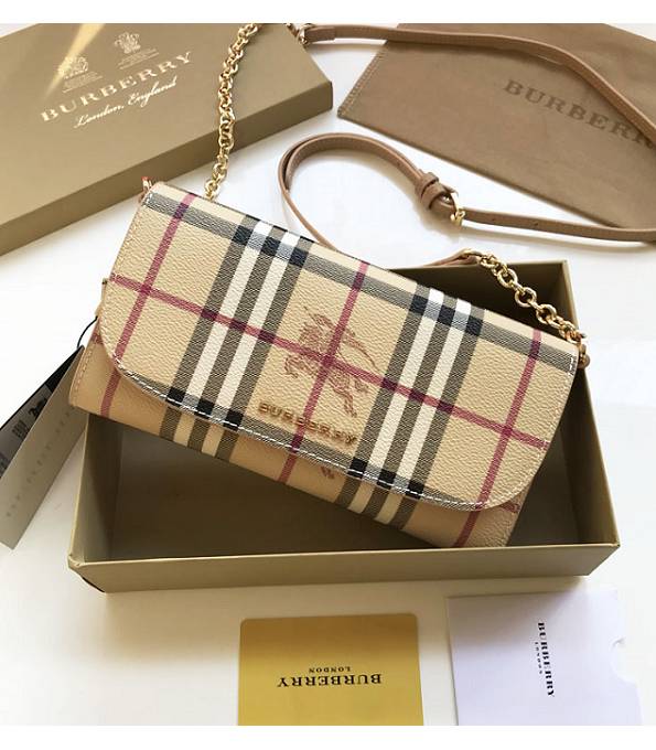 Burberry Horseferry Vintage Check Apricot Original Leather Wallet With Golden Chain