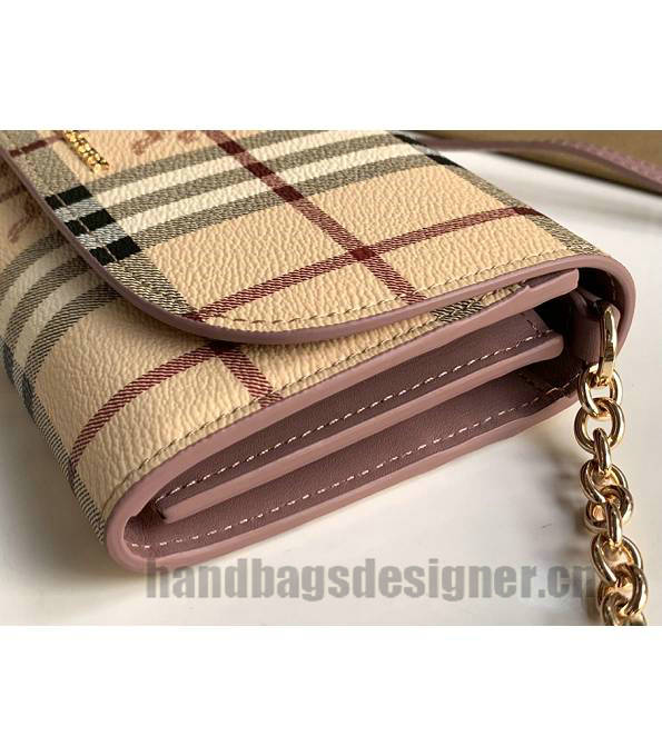 Burberry Horseferry Vintage Check Nude Pink Original Leather Wallet With Golden Chain-5