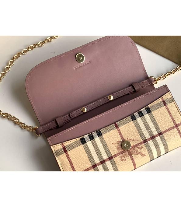 Burberry Horseferry Vintage Check Nude Pink Original Leather Wallet With Golden Chain-6