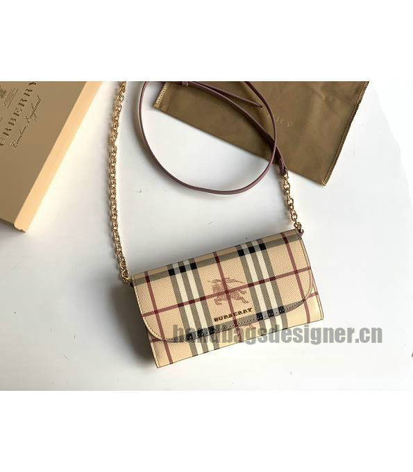 Burberry Horseferry Vintage Check Nude Pink Original Leather Wallet With Golden Chain-1