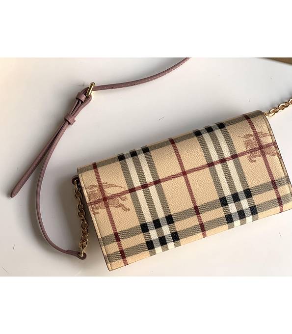 Burberry Horseferry Vintage Check Nude Pink Original Leather Wallet With Golden Chain-3