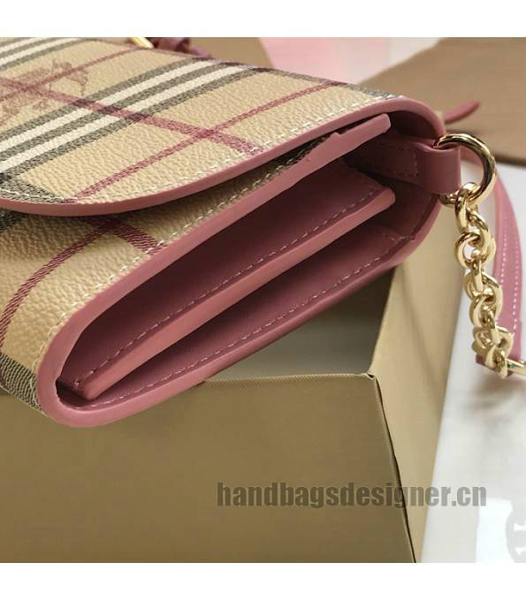 Burberry Horseferry Vintage Check Pink Original Leather Wallet With Golden Chain-4