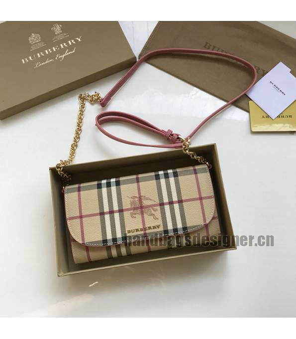 Burberry Horseferry Vintage Check Pink Original Leather Wallet With Golden Chain-1