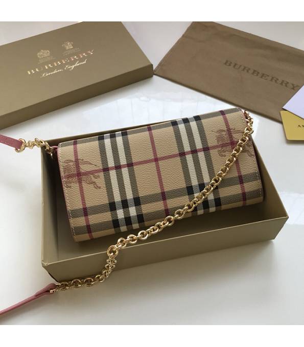 Burberry Horseferry Vintage Check Pink Original Leather Wallet With Golden Chain-2