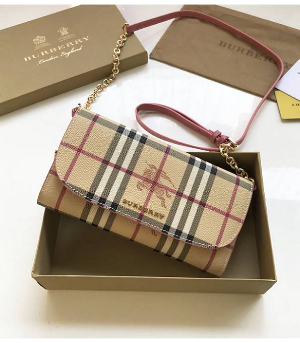Burberry Horseferry Vintage Check Pink Original Leather Wallet With Golden Chain