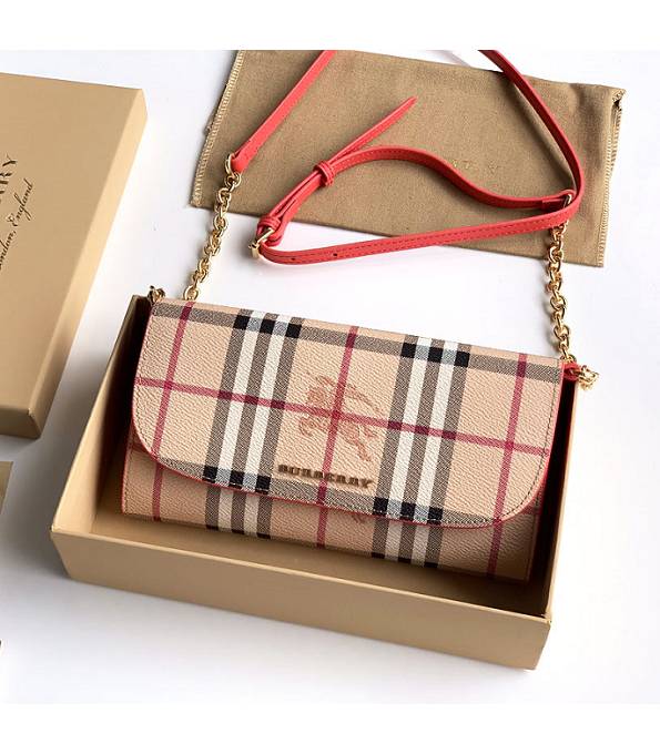 Burberry Horseferry Vintage Check Red Original Leather Wallet With Golden Chain