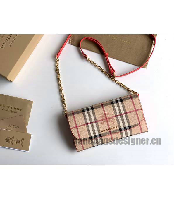Burberry Horseferry Vintage Check Red Original Leather Wallet With Golden Chain-1