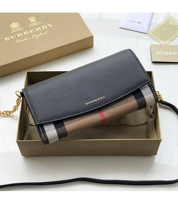 Burberry Horseferry Vintage Check With Black Original Palm Leather Wallet With Golden Chain