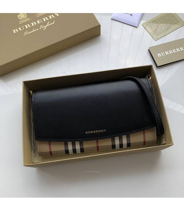 Burberry Horseferry Vintage Check With Black Original Smooth Leather Wallet With Golden Chain-1