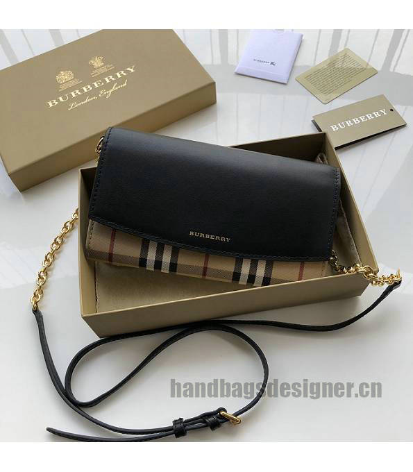 Burberry Horseferry Vintage Check With Black Original Smooth Leather Wallet With Golden Chain-2