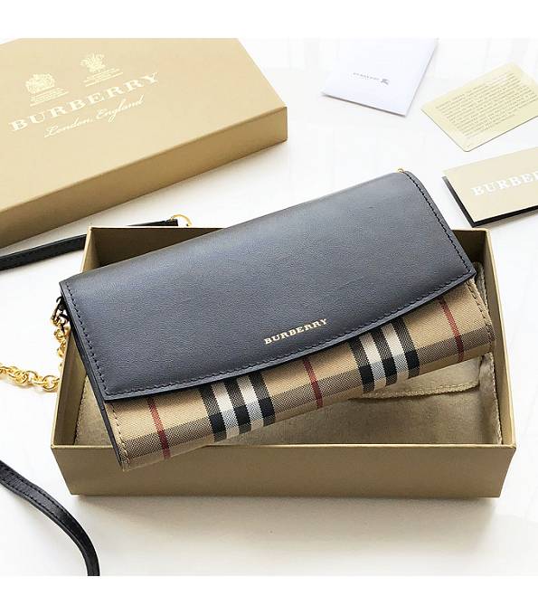 Burberry Horseferry Vintage Check With Black Original Smooth Leather Wallet With Golden Chain