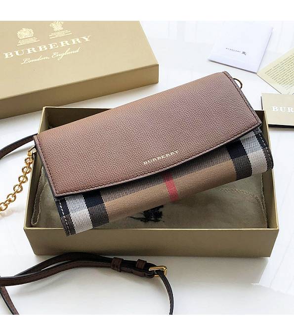 Burberry Horseferry Vintage Check With Brown Original Palm Leather Wallet With Golden Chain