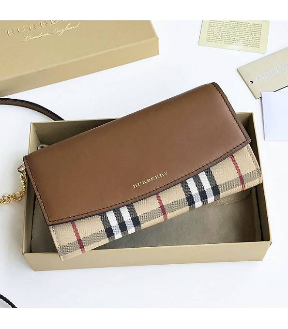 Burberry Horseferry Vintage Check With Brown Original Smooth Leather Wallet With Golden Chain