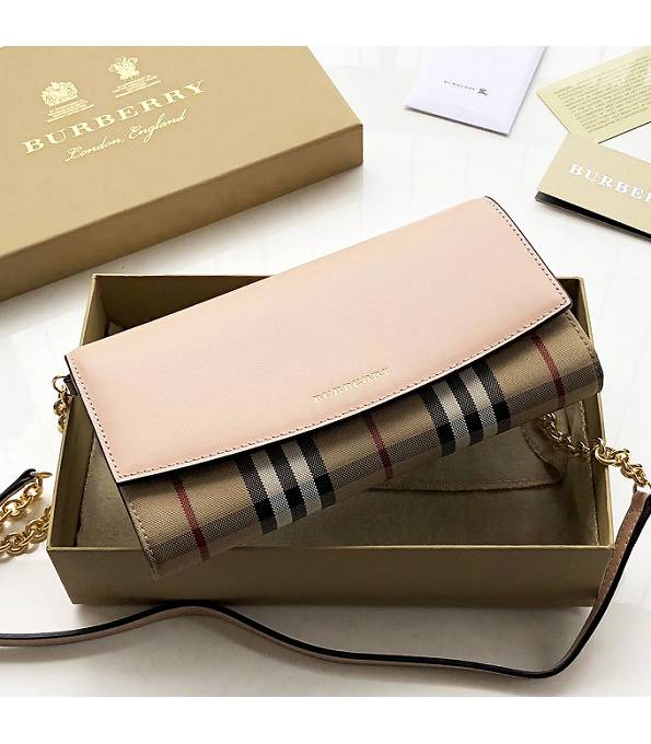 Burberry Horseferry Vintage Check With Pink Original Smooth Leather Wallet With Golden Chain