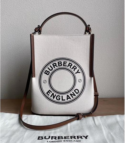 Burberry Logo Graphic Cotton Canvas With Brown Original Leather Small Peggy Bucket Bag