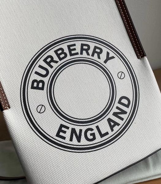 Burberry Logo Graphic Cotton Canvas With Brown Original Leather Small Peggy Bucket Bag-5