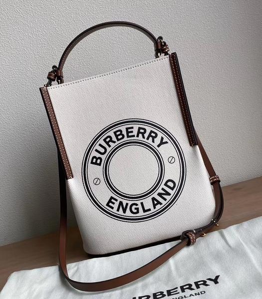 Burberry Logo Graphic Cotton Canvas With Brown Original Leather Small Peggy Bucket Bag-8