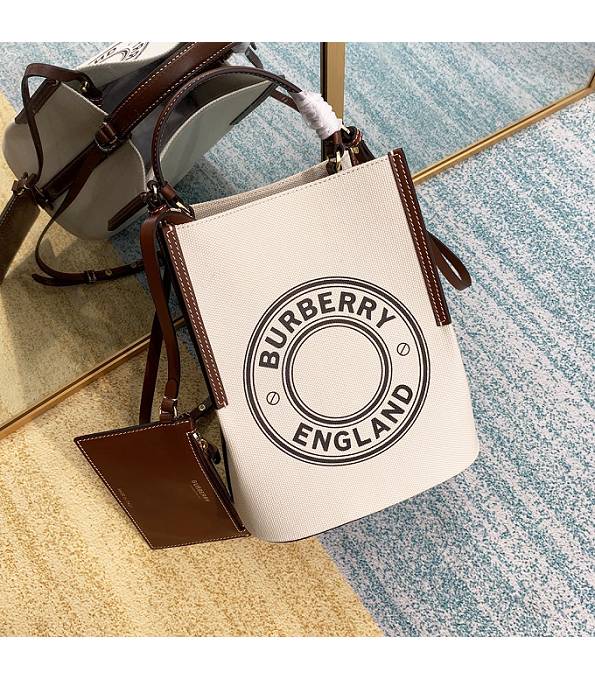 Burberry Small Logo Graphic White Cotton Canvas With Brown Original Leather Peggy Bucket Bag