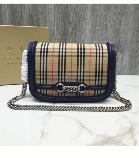 Burberry The Link Canvas With Dark Blue Real Leather Chain Shoulder Bag