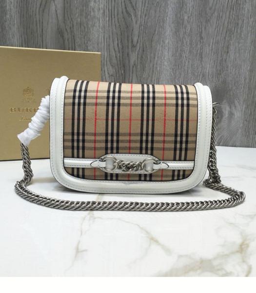 Burberry The Link Canvas With White Real Leather Chain Shoulder Bag