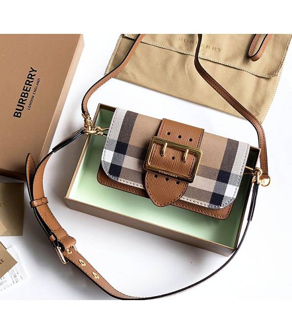 Burberry Vintage Check Canvas With Brown Original Leather Small Buckle Crossbody Bag