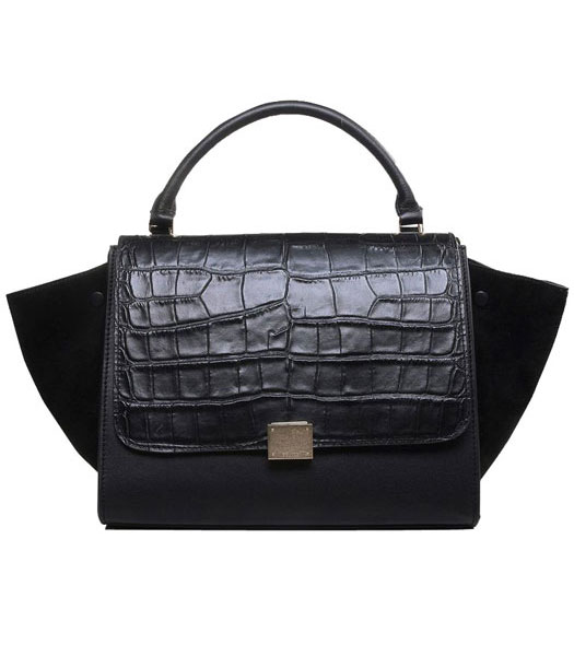 Celine Black Croc Veins Imported Leather With Original/Suede Leather Stamped Trapeze Bag