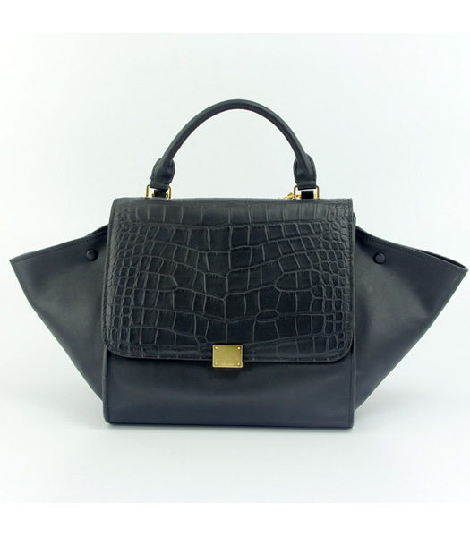 Celine Black Imported Leather with Croc Veins Square Bag