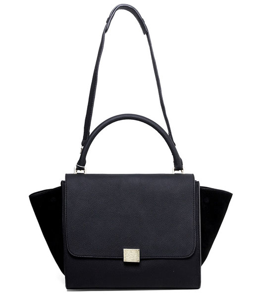 Celine Black Litchi Pattern Imported Leather With Suede Stamped Trapeze Bag