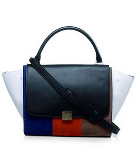 Celine BlackOrangeApricot Suede with Black Leather Stamped Trapeze Bag
