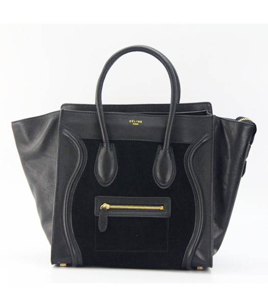 Celine Boston 30cm Smile Tote Handbag Black Oil Wax_Black Suede Leather